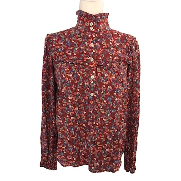 Anthropologie Tops - ANTHROPOLOGIE Red Floral High Collar Blouse - Sz 0